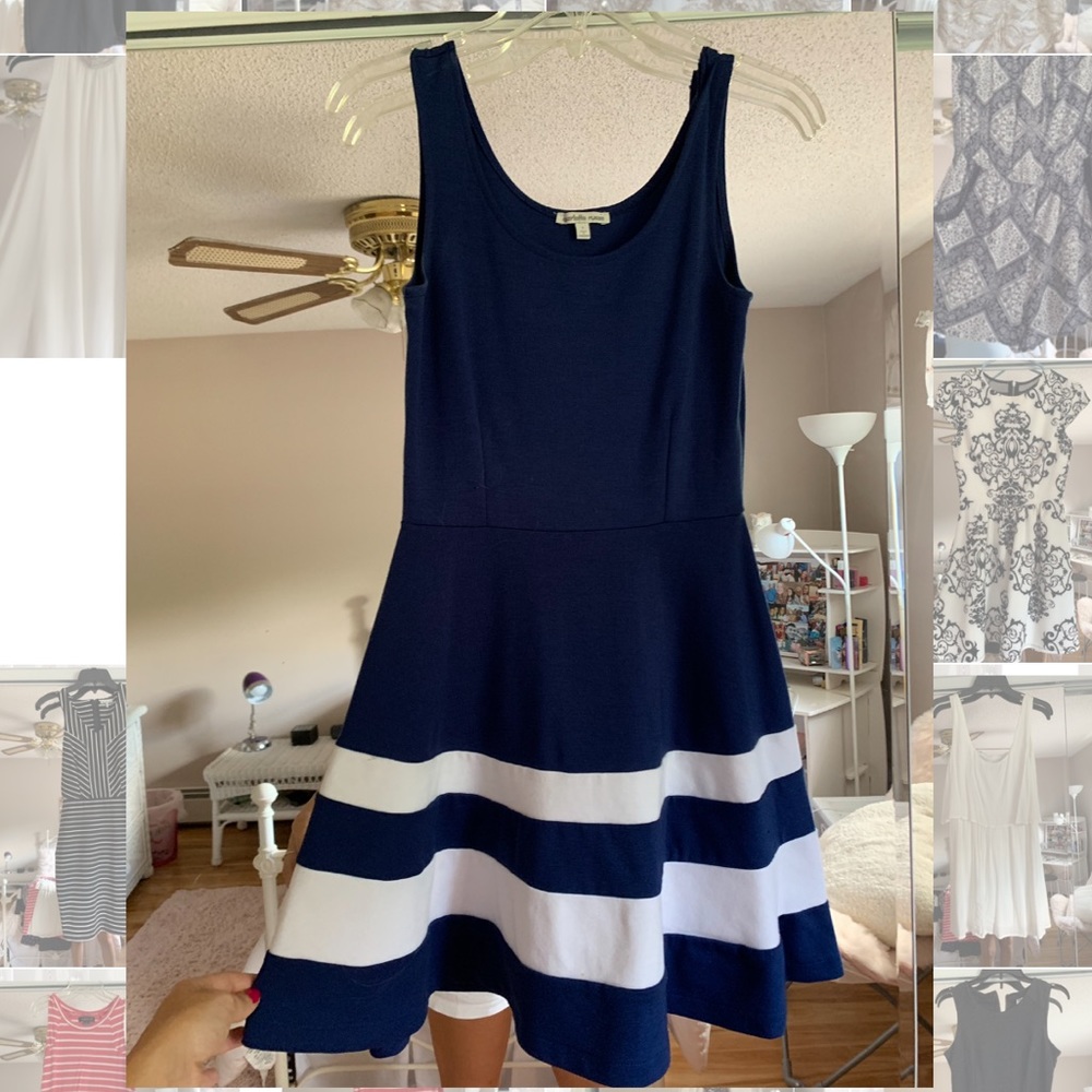 navy dress with white stipes